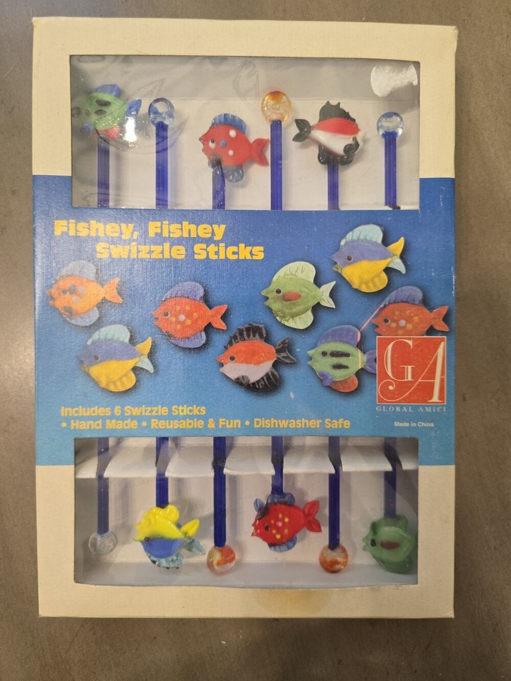 NIB Vintage Hand Blown Glass Fish Swizzle Sticks Cocktail Stirrers Lot of 6